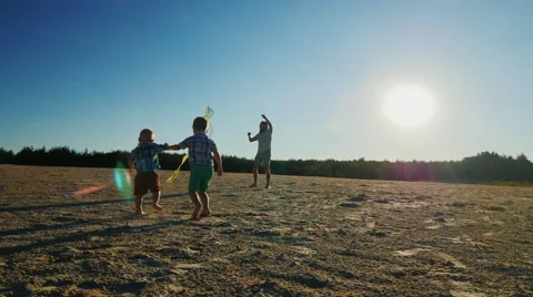Young father playing with his two sons flying a kite Stock Footage 65833500