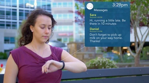 Young Female Checking Smart Watch on City Bench with Graphics 스톡 동영상 76278971