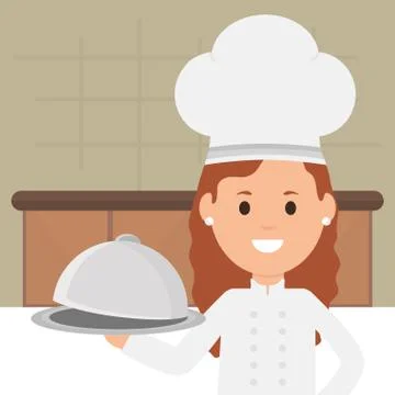 Young female chef with tray server Illustrazione stock