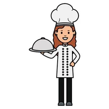 Young female chef with tray server Illustrazione stock