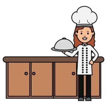 Young female chef with tray server Illustrazione stock