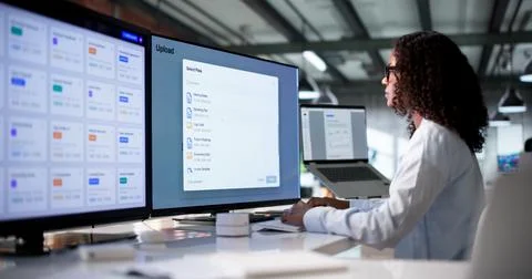 Young Female Cloud Engineer Uploads Secure Data Files Using Desktop Computer. Stock Photos