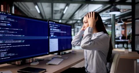 Young Female Coder Feels Frustrated And Sad While Working Alone. Foto stock