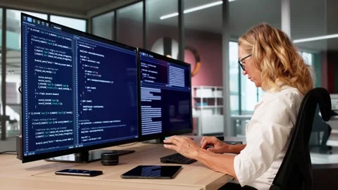 Young Female Coder Writing Code On Computer Screen Stock Footage 318319501