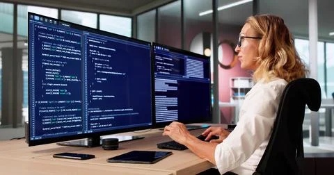 Young Female Coder Writing Code On Computer Screen For Web Software. Foto stock