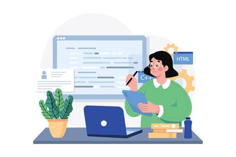 Young female computer programmer coding at laptop Illustration concept on whi Stock Illustration