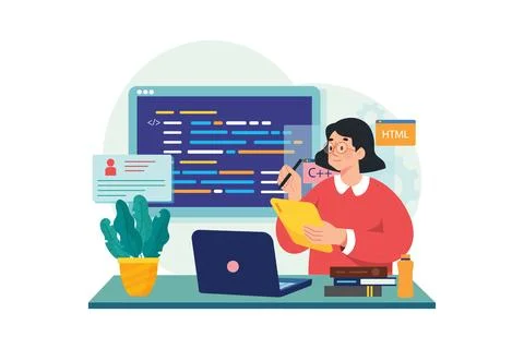 Young Female Computer Programmer Coding At Laptop Stock Illustration