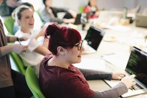 Young female computer programmer coding at laptop Stock Photos