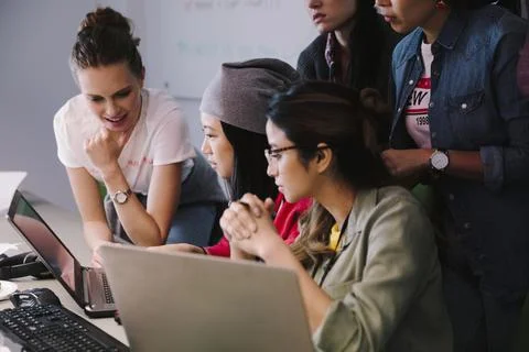 Young female computer programmers coding at laptops 스톡 사진