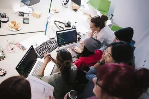 Young female computer programmers coding at laptops 스톡 사진