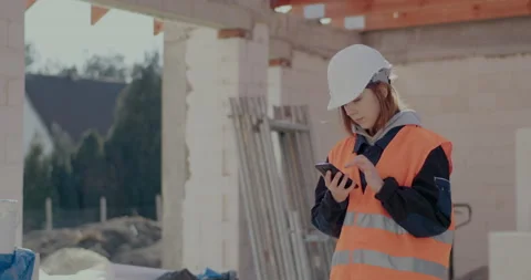 Young female construction worker using smartphone Stock Footage 187017381