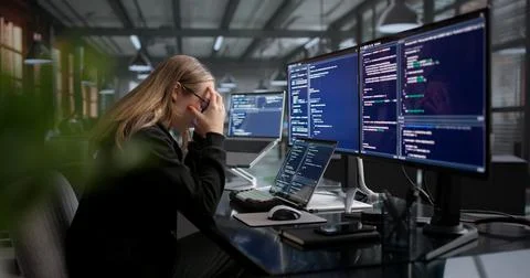 Young Female Developer Struggles With Coding Problems On Her Quiet Office Lap Stock-Fotos