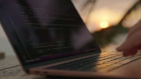 Young female developer working on laptop by the ocean at sunset. Woman 動画素材 234900677