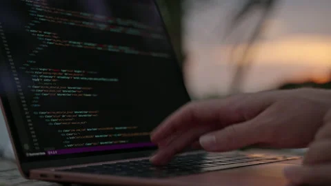 Young female developer working on laptop by the ocean. Woman freelancer coding Stock Footage 236141806