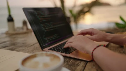 Young female developer working on laptop by the ocean at sunset. Woman Stock Footage 236545021