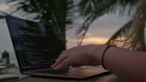 Young female developer working on laptop by the ocean. Woman freelancer coding Stock Footage 236819087