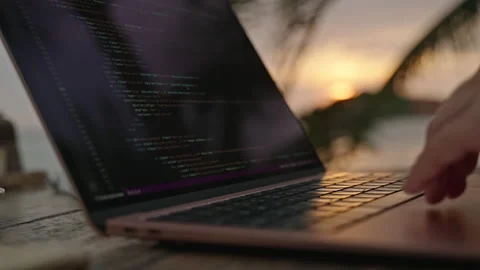 Young female developer working on laptop by the ocean. Woman freelancer coding Stock Footage 237736204