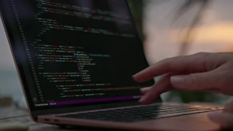Young female developer working on laptop by the ocean at sunset. Woman Stock Footage 238001261