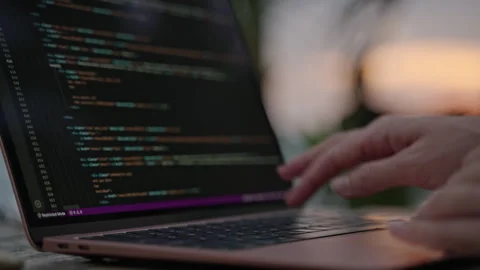Young female developer working on laptop by the ocean. Woman freelancer coding Stock Footage 240550363