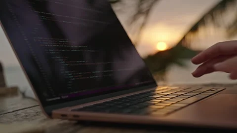 Young female developer working on laptop by the ocean. Woman freelancer coding Stock Footage 240651679