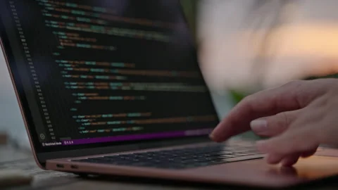 Young female developer working on laptop by the ocean at sunset. Woman 動画素材 241007137