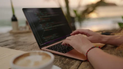 Young female developer working on laptop by the ocean. Woman freelancer coding Stock Footage 241600064
