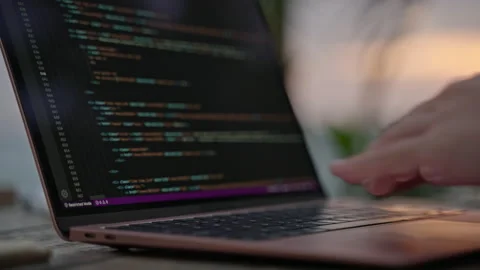 Young female developer working on laptop by the ocean. Woman freelancer coding Stock Footage 242970447