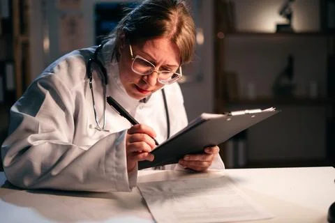 Young female doctor write notes in paper medical document working during night 스톡 사진