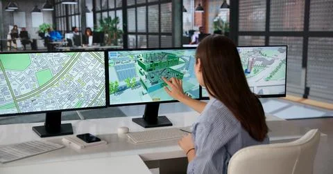 Young Female Engineer Analyzes 3D Urban Twin Models On Computer Screen. 写真素材