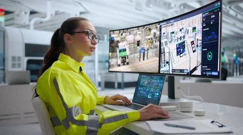 Young Female Engineer Analyzes Live Factory Data Using Laptop And SCADA Softw Stock Photos