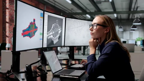 Young Female Engineer Carefully Drafts 3D Aircraft Part Stock Footage 347901477