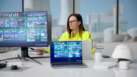 Young Female Engineer Checks SCADA System Software Stock Footage 331522753