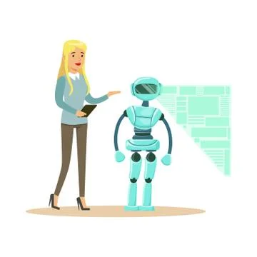 Young female engineer controlling visualization process of humanoid robot at her Stockillustratie