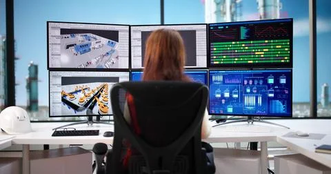 Young Female Engineer Designs Factory Floor Plan In 3D CAD. Stock Photos