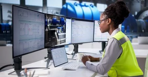 Young Female Engineer Optimizing Industrial Systems With 3D CAD Software Stock Photos