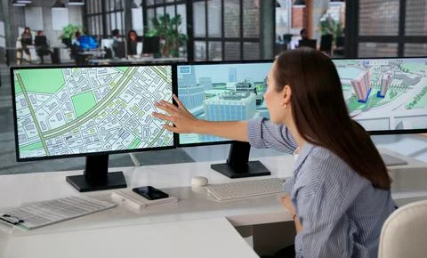 Young Female Engineer Studies 3D Urban Twin Models On Computer Screen. 写真素材