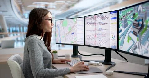 Young Female Engineer Studies 3D BIM Model For Sustainable HVAC Design. 写真素材