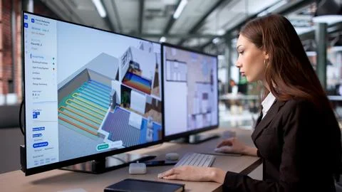 Young Female Engineer Uses Computer Software Modeling HVAC System Design. Fotos de archivo