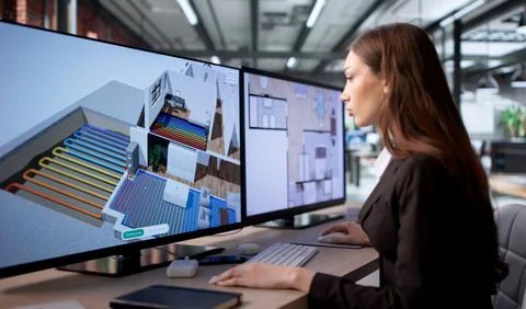 Young Female Engineer Uses Computer Software To Analyze HVAC System Design. 库存照片