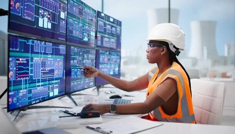 Young Female Engineer Uses Computer To Monitor Nuclear Plant Operations. 库存照片