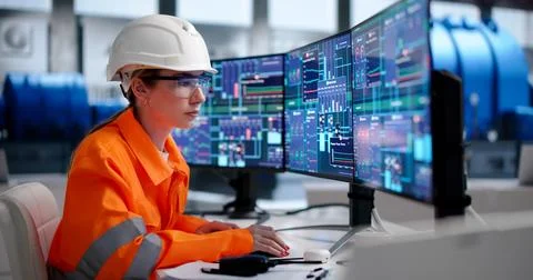 Young Female Engineer Uses Computer To Monitor Oil And Gas Plant Systems. Stock Photos