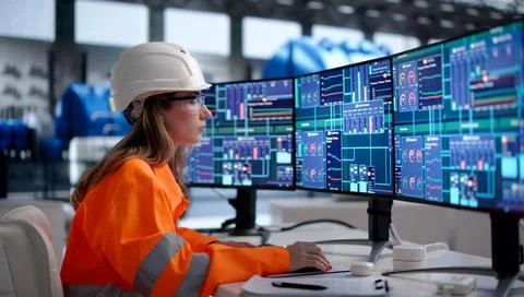 Young Female Engineer Uses Computer To Monitor Gas And Oil Plant Systems. Stock Photos