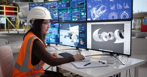 Young Female Engineer Uses Computer Software To Design And Check Airplane Par Stock Photos
