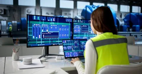 Young Female Engineer Uses SCADA System To Control Power Engine. Stock Photos