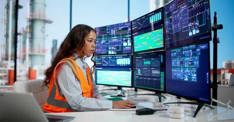 Young Female Engineer Using Computer Screens To Monitor Refinery Control Syst Fotos Stock