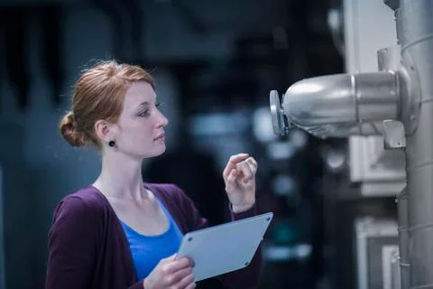 Young female engineer using a digital tablet and controlling a switchgear in Stock Photos