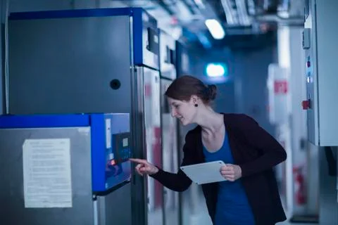 Young female engineer using a digital tablet and controlling a switchgear in Stock Photos