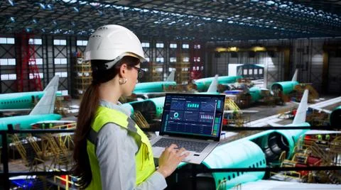 Young Female Engineer Using Laptop To Inspect Airplane Maintenance Quality. Stock Photos