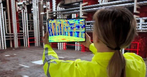 Young Female Engineer Using Thermal Camera In Oil Refinery Inspection. Foto stock