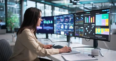 Young Female Financial Analyst Using Computer For Real-time Market Data Analy Stock Photos
